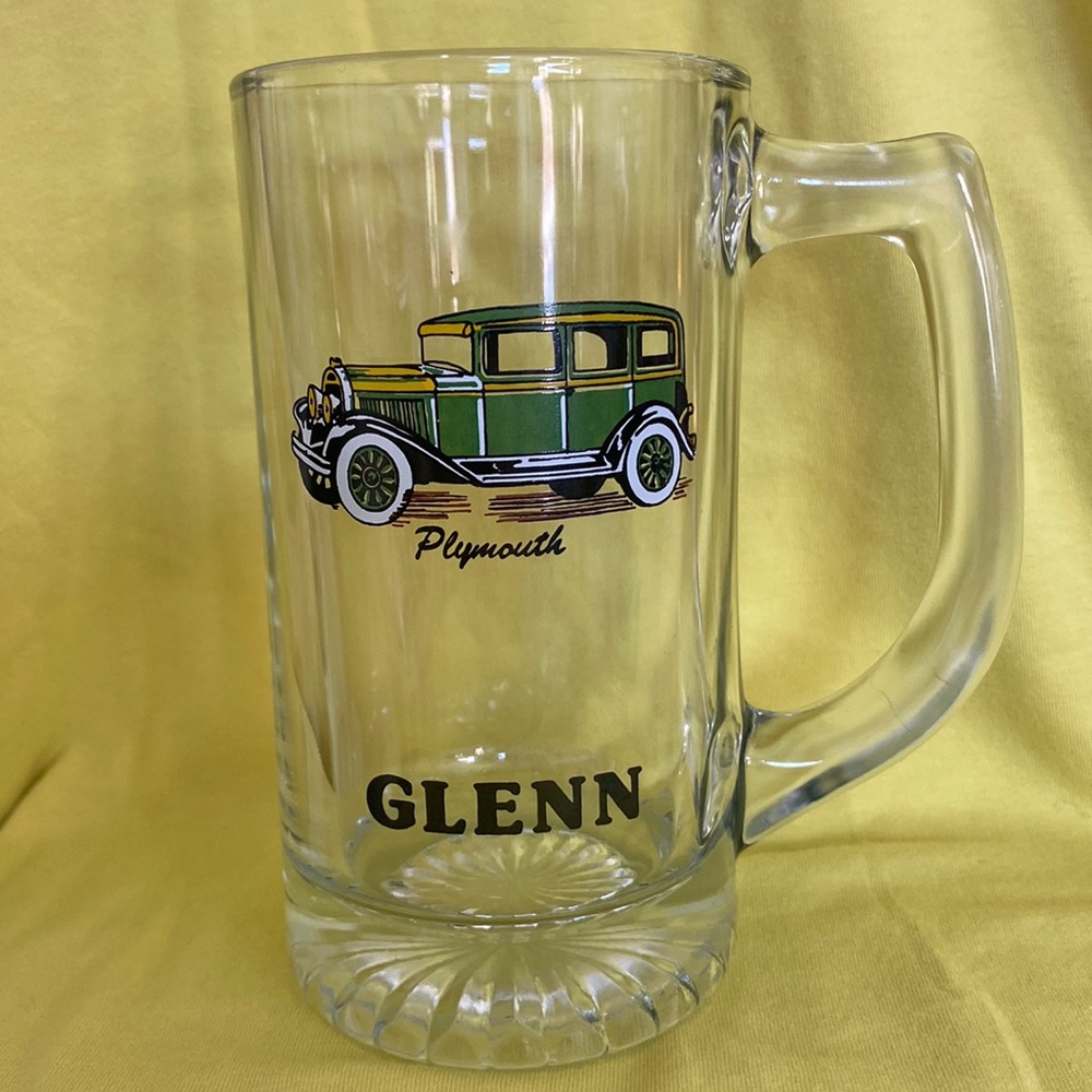 Vintage Clear Glass "GLENN" Mug/Stein With Antique Car Graphic